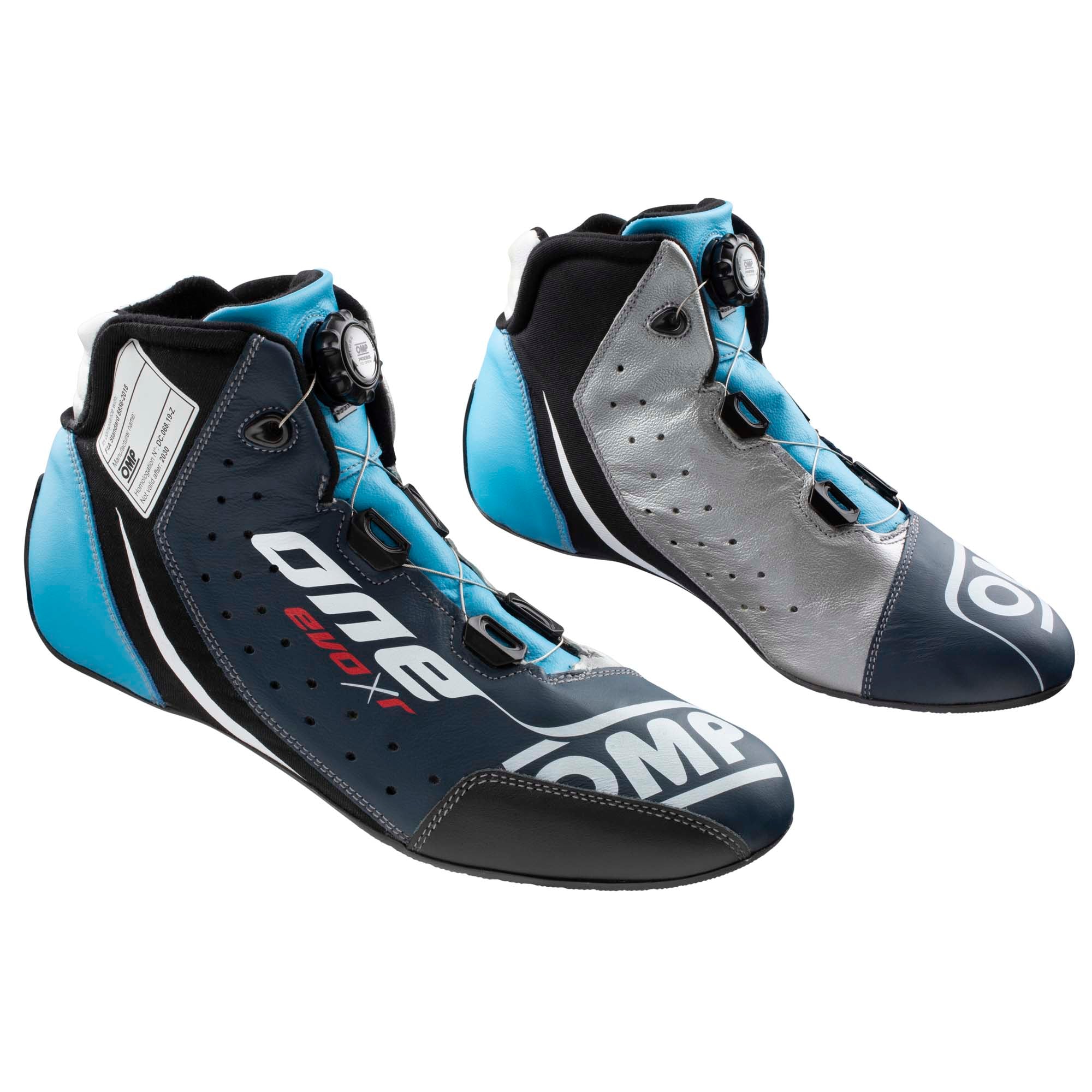 The black, silver and cyan OMP One Evo X R Racing Shoes.