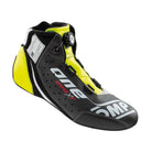 The black, silver and yellow OMP One Evo X R Racing Shoes close up.