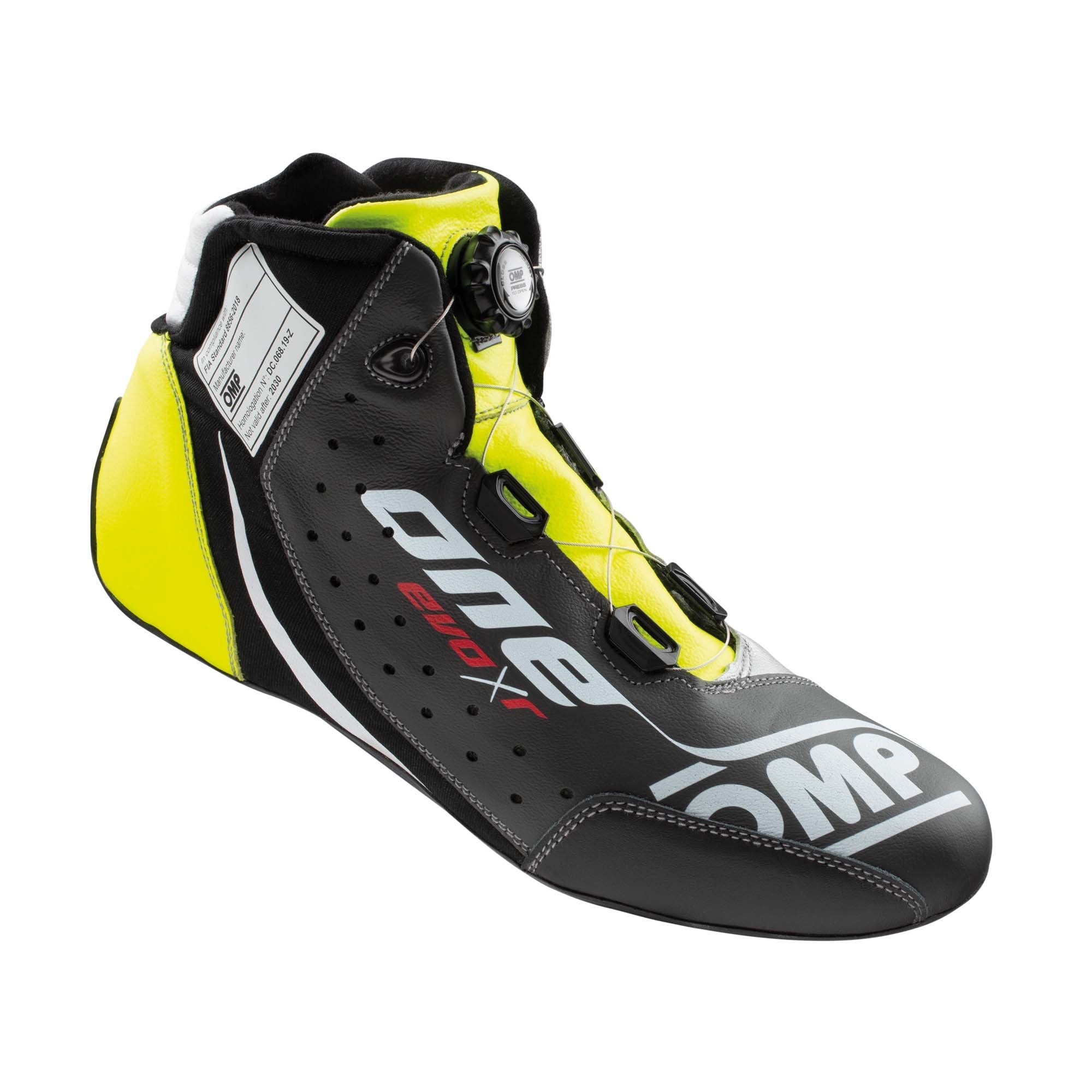 The black, silver and yellow OMP One Evo X R Racing Shoes close up.