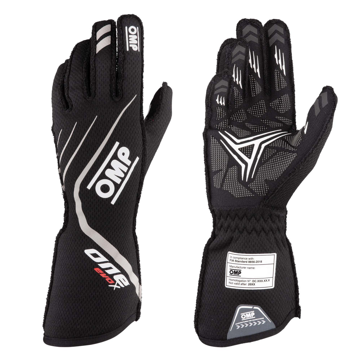 The 2023 Model black and grey OMP One Evo X Racing Gloves.