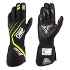 The 2023 Model black and yellow OMP One Evo X Racing Gloves.
