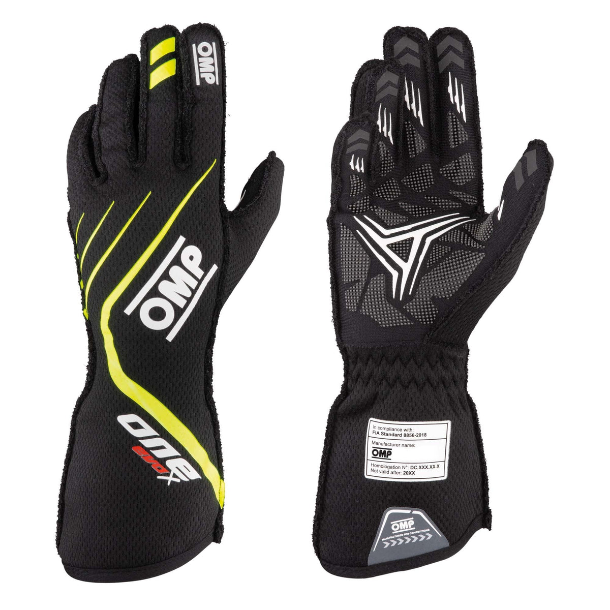The 2023 Model black and yellow OMP One Evo X Racing Gloves.