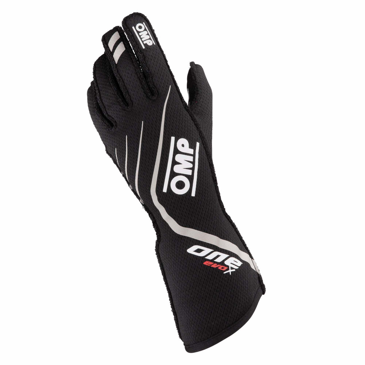 A single 2023 Model black and grey OMP One Evo X Racing Gloves.