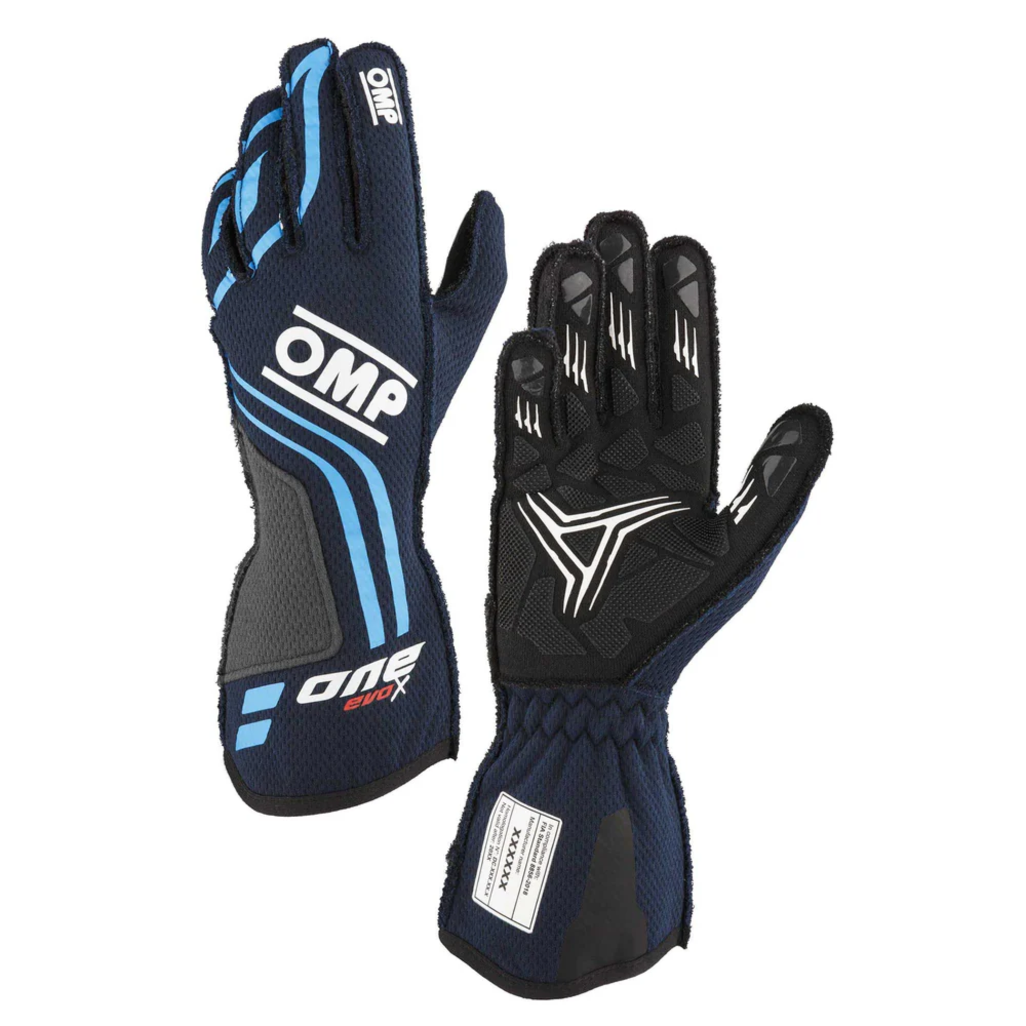 The navy and cyan OMP One Evo X Racing Gloves.