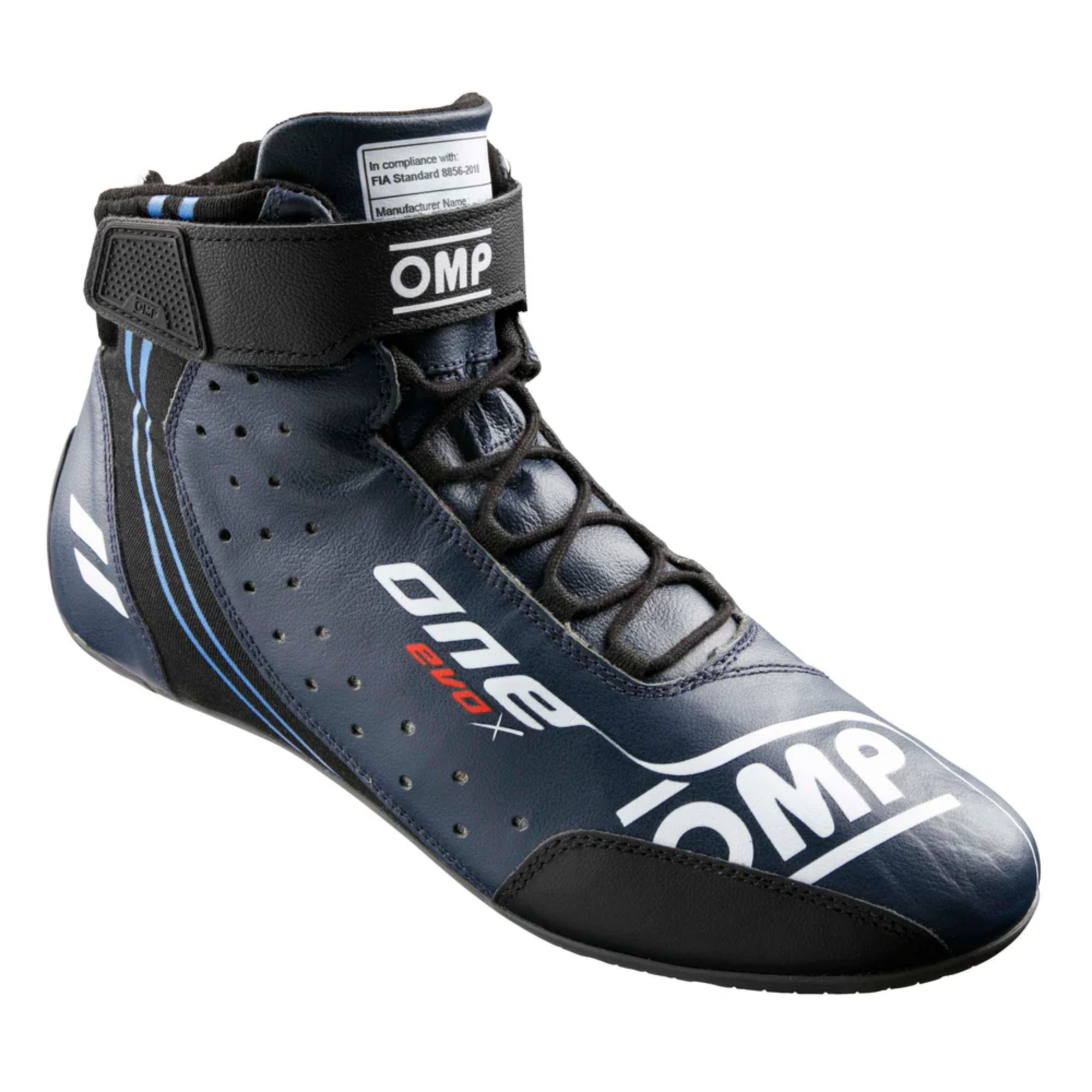 The navy and cyan OMP One Evo X Racing Shoes close up.