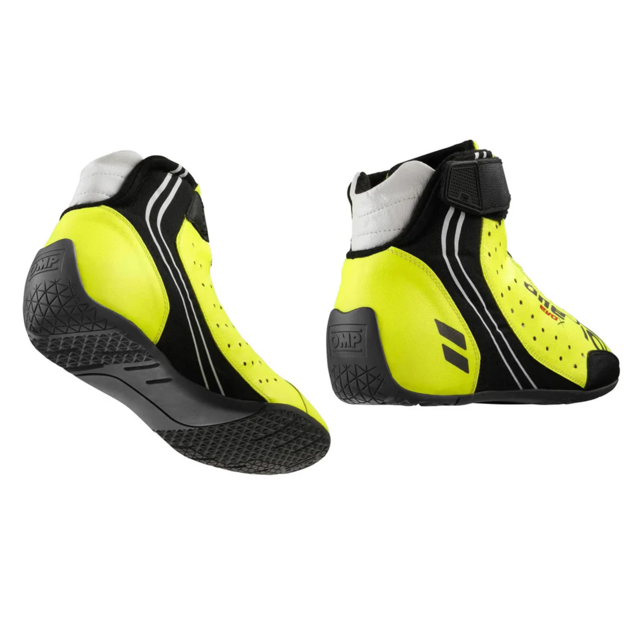 The heel and sole of the yellow OMP One Evo X Racing Shoes.