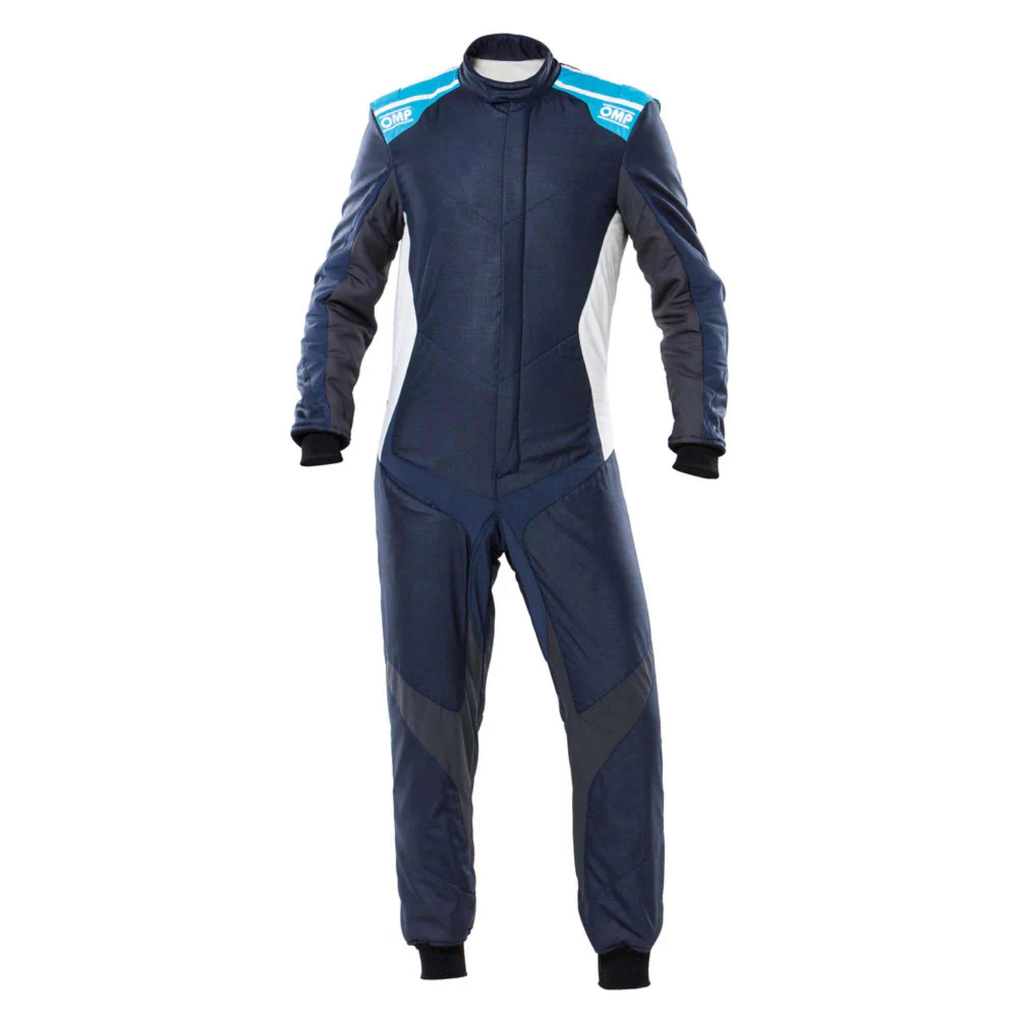 The navy and cyan OMP One Evo X Racing Suit.