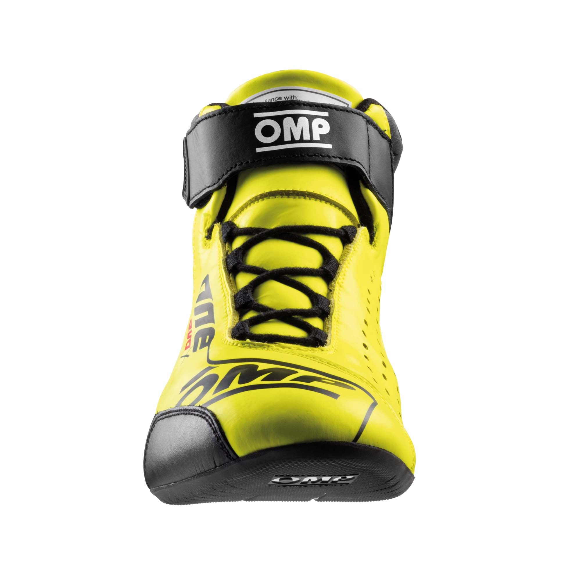 The front of the yellow OMP One Evo X v1 Racing Shoes.