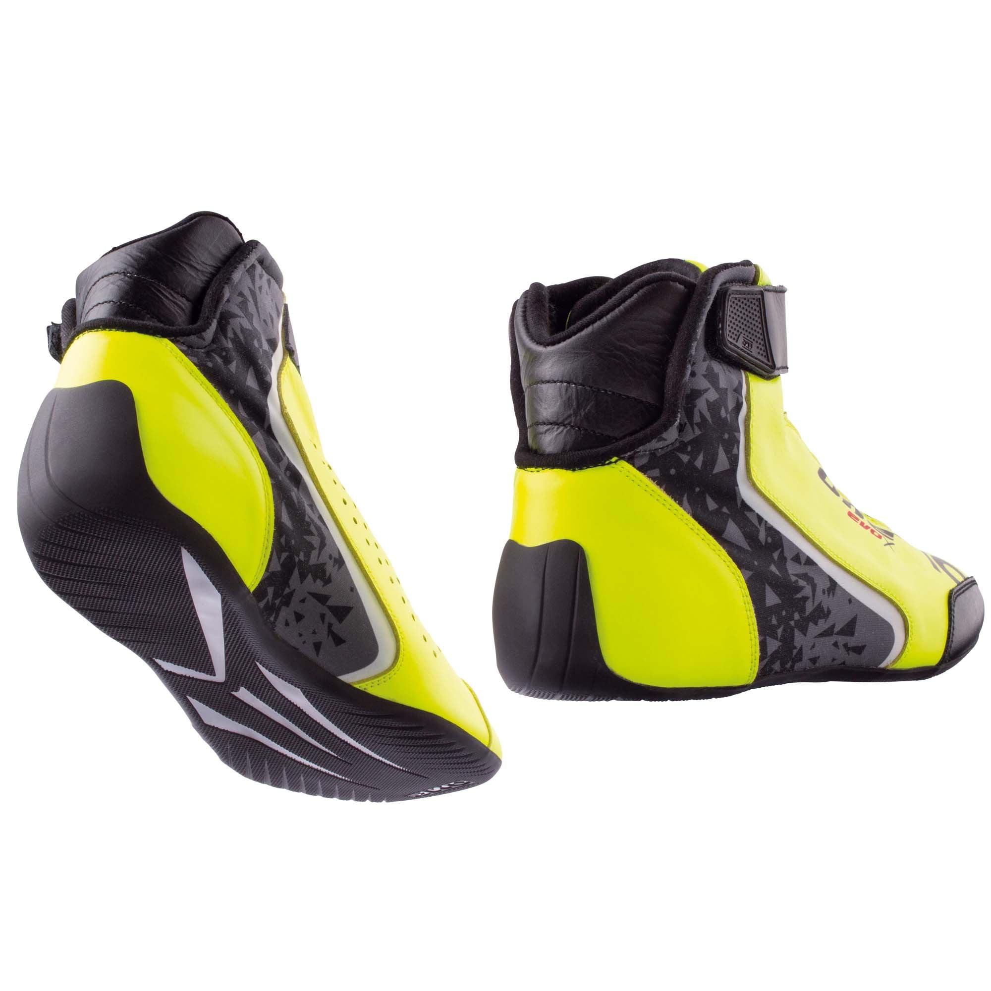 The heel and sole of the yellow OMP One Evo X v1 Racing Shoes.