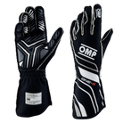 The 2024 model FIA 8856-2018 homologated black and white OMP One-S Racing Gloves.