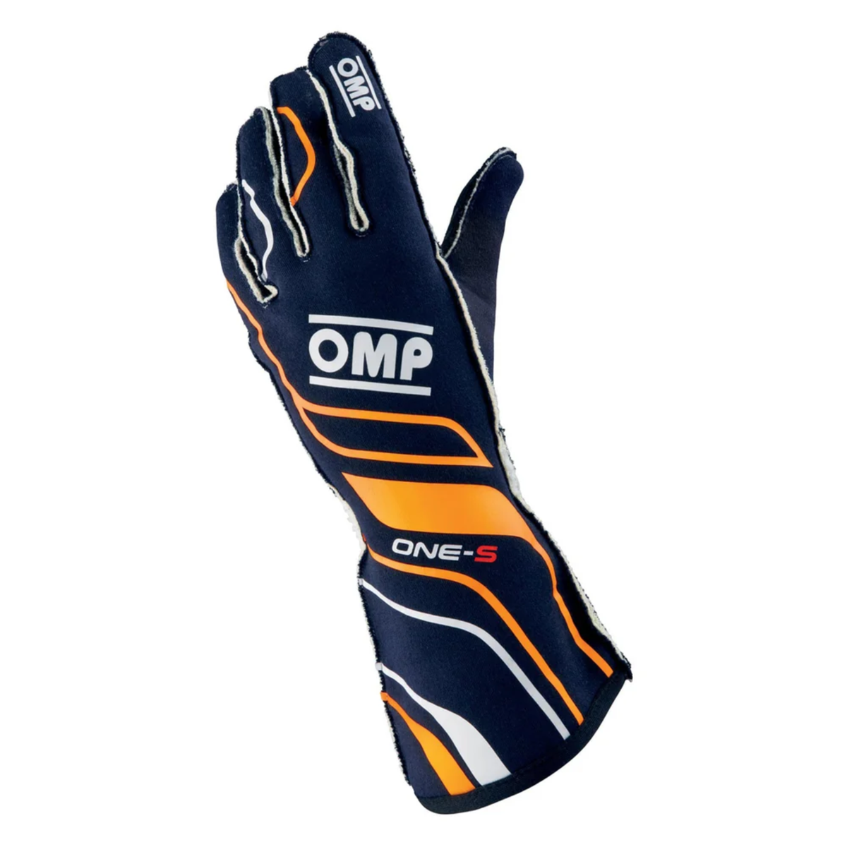 A single 2024 model FIA 8856-2018 homologated navy and orange OMP One-S Racing Glove.