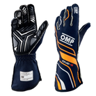 The 2024 model FIA 8856-2018 homologated navy and orange OMP One-S Racing Gloves.