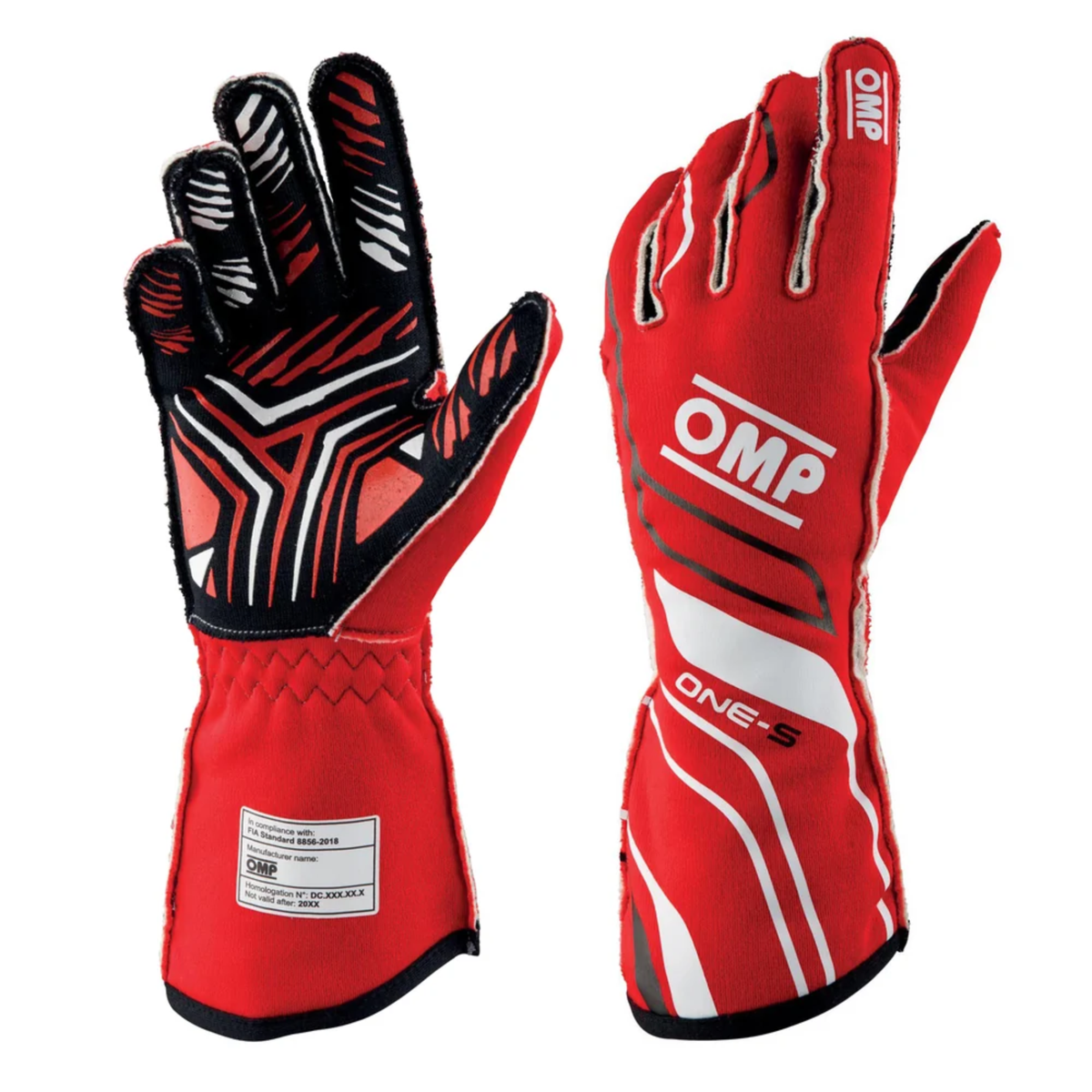 The 2024 model FIA 8856-2018 homologated red and white OMP One-S Racing Gloves.