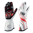 The 2024 model FIA 8856-2018 homologated white and red OMP One-S Racing Gloves.