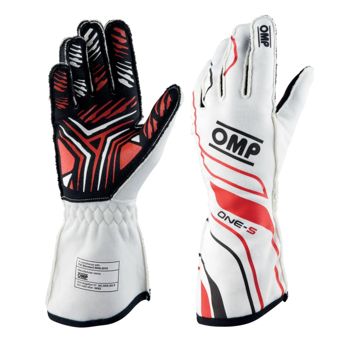 The 2024 model FIA 8856-2018 homologated white and red OMP One-S Racing Gloves.