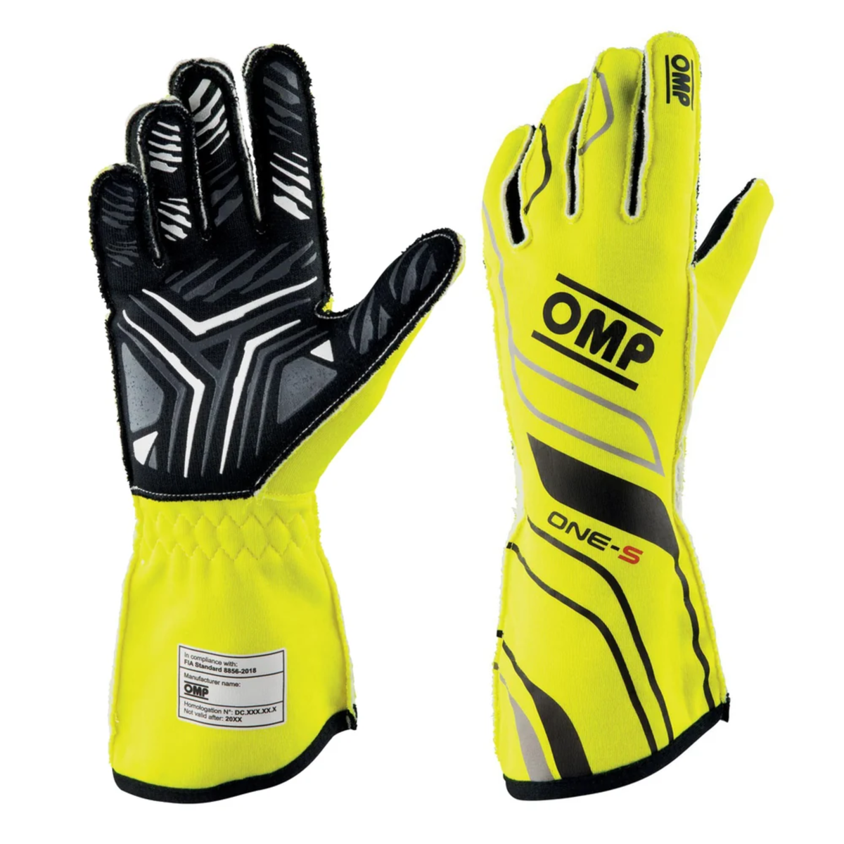 The 2024 model FIA 8856-2018 homologated yellow and black OMP One-S Racing Gloves.
