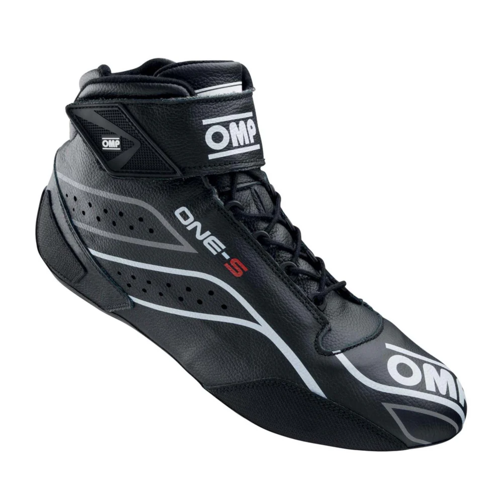 The black and cyan OMP One-S Racing Shoes.