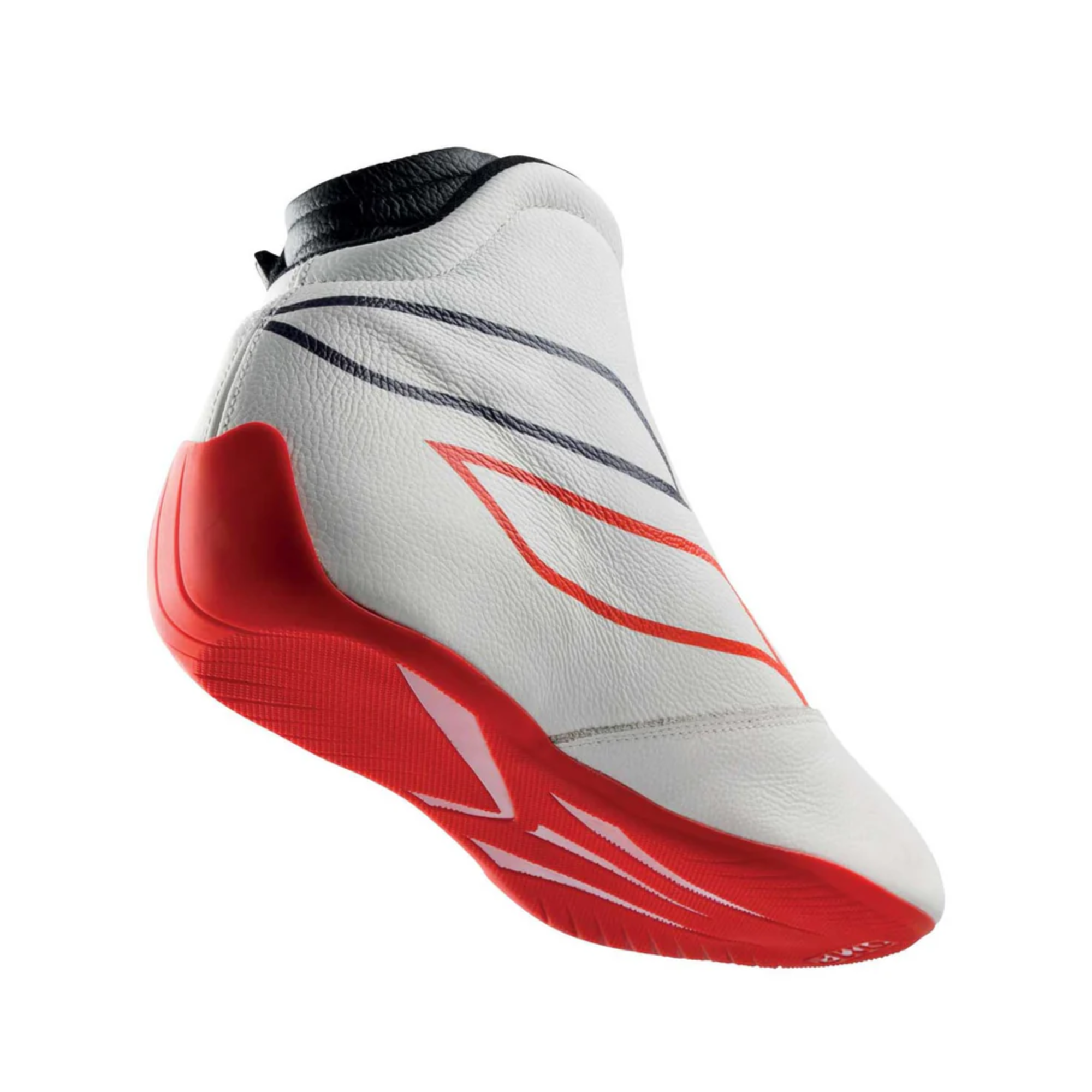 The sole of the white and red OMP One-S Racing Shoes.