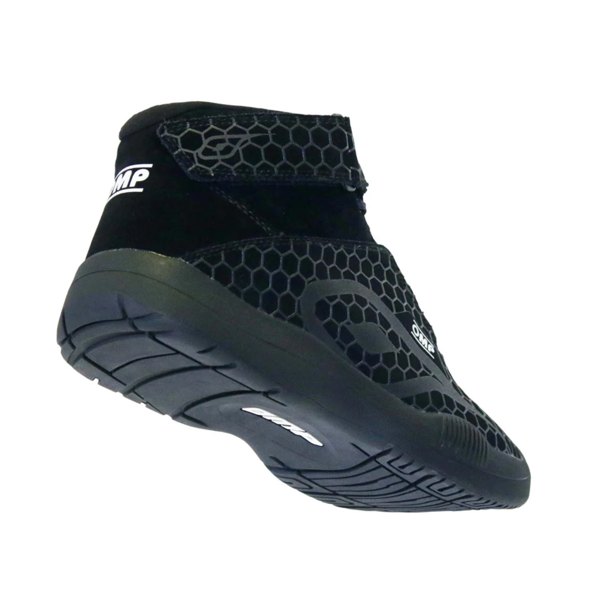 The black high top OMP Pit Crew Shoes - SFI 3.3/5 showing the bottom, or sole, of the shoe.