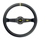 The black leather OMP Rally Steering Wheel is a black OMP racing steering wheel with a black leather-wrapped rim, a yellow accent stripe near the top, and a black center hub featuring yellow OMP logos.