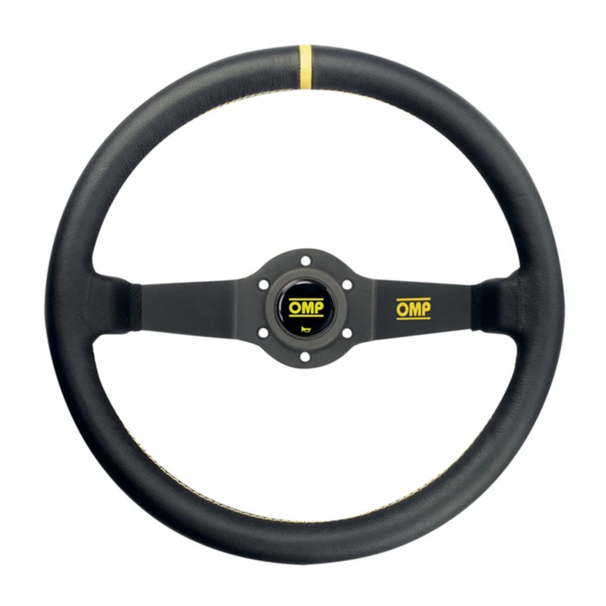 The black leather OMP Rally Steering Wheel is a black OMP racing steering wheel with a black leather-wrapped rim, a yellow accent stripe near the top, and a black center hub featuring yellow OMP logos.