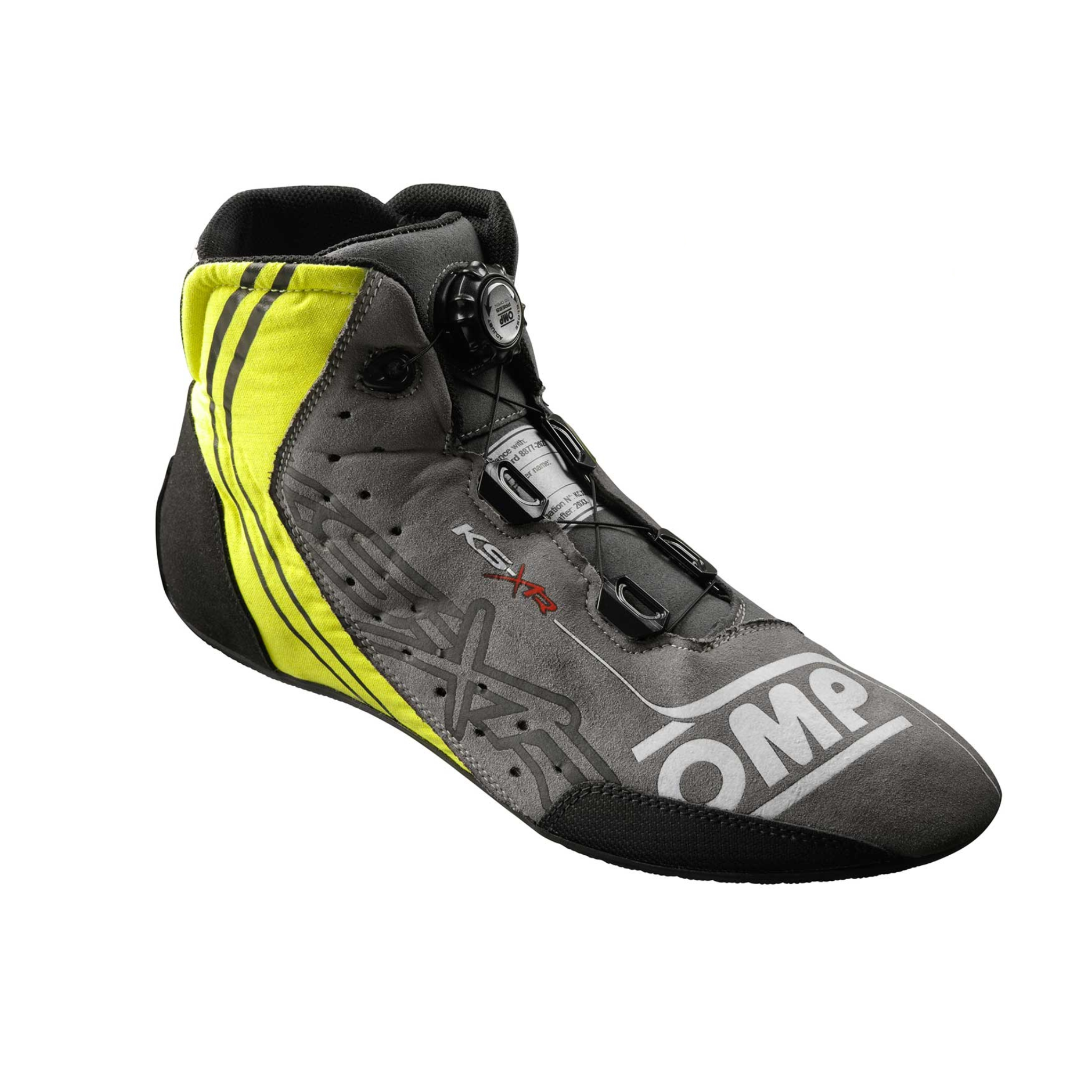 The black, grey and yellow OMP KS-XR Karting Shoes.