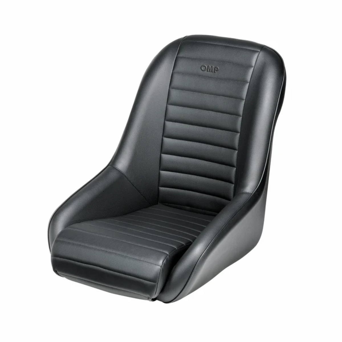 The OMP Silverstone Racing Seat is a black faux leather racing bucket seat with vertical channel stitching on the backrest and seat base, featuring an embossed 'OMP' logo on the upper backrest, shown against a plain white background.