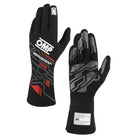 The black and red OMP Sport Fire-Resistant Racing Gloves.