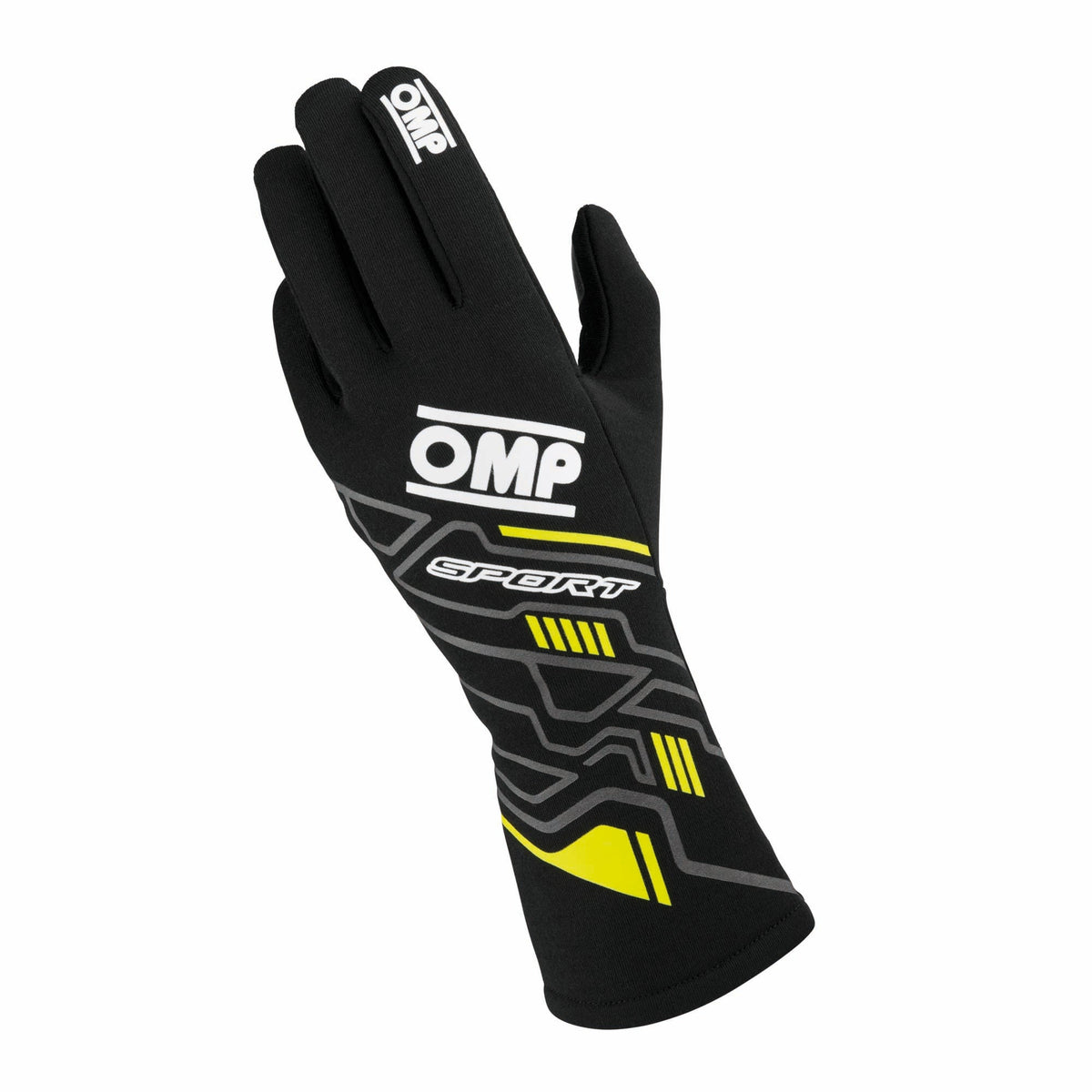 A single glove from the pair of black and yellow OMP Sport Fire-Resistant Racing Gloves.