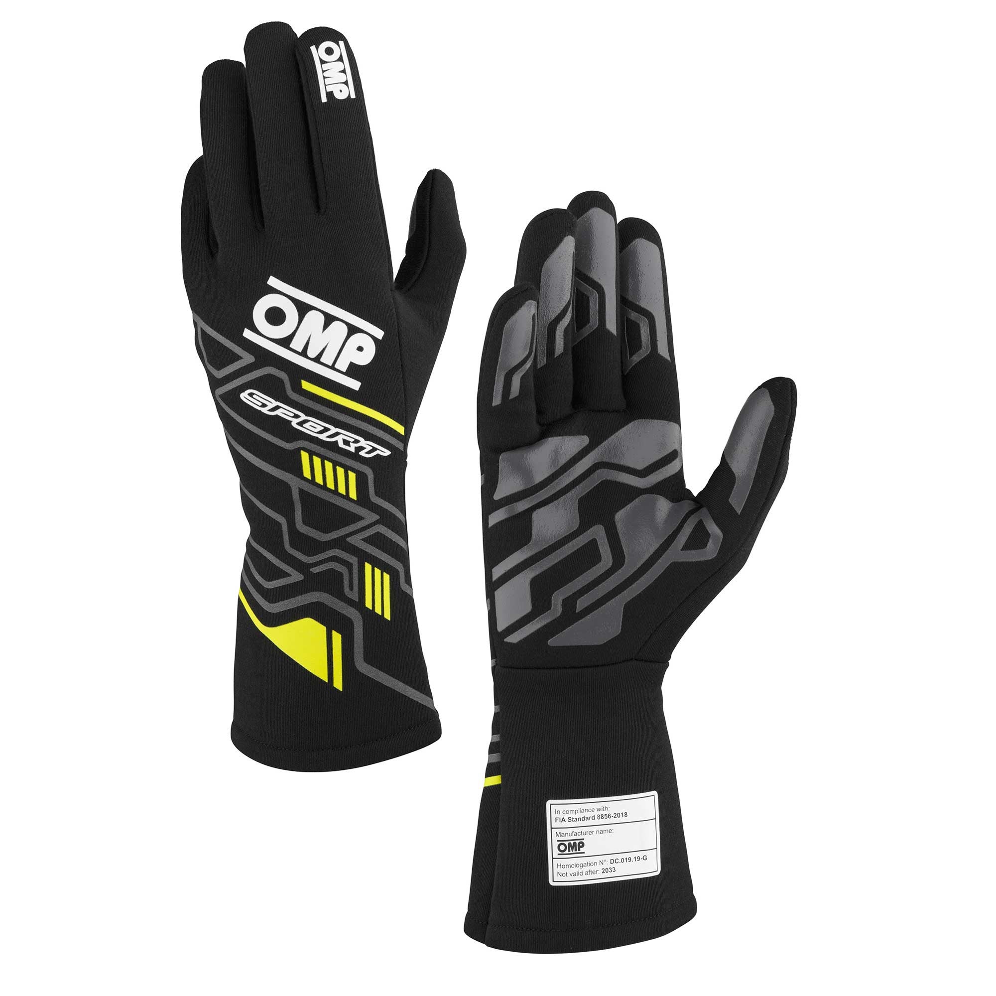The black and yellow OMP Sport Fire-Resistant Racing Gloves.