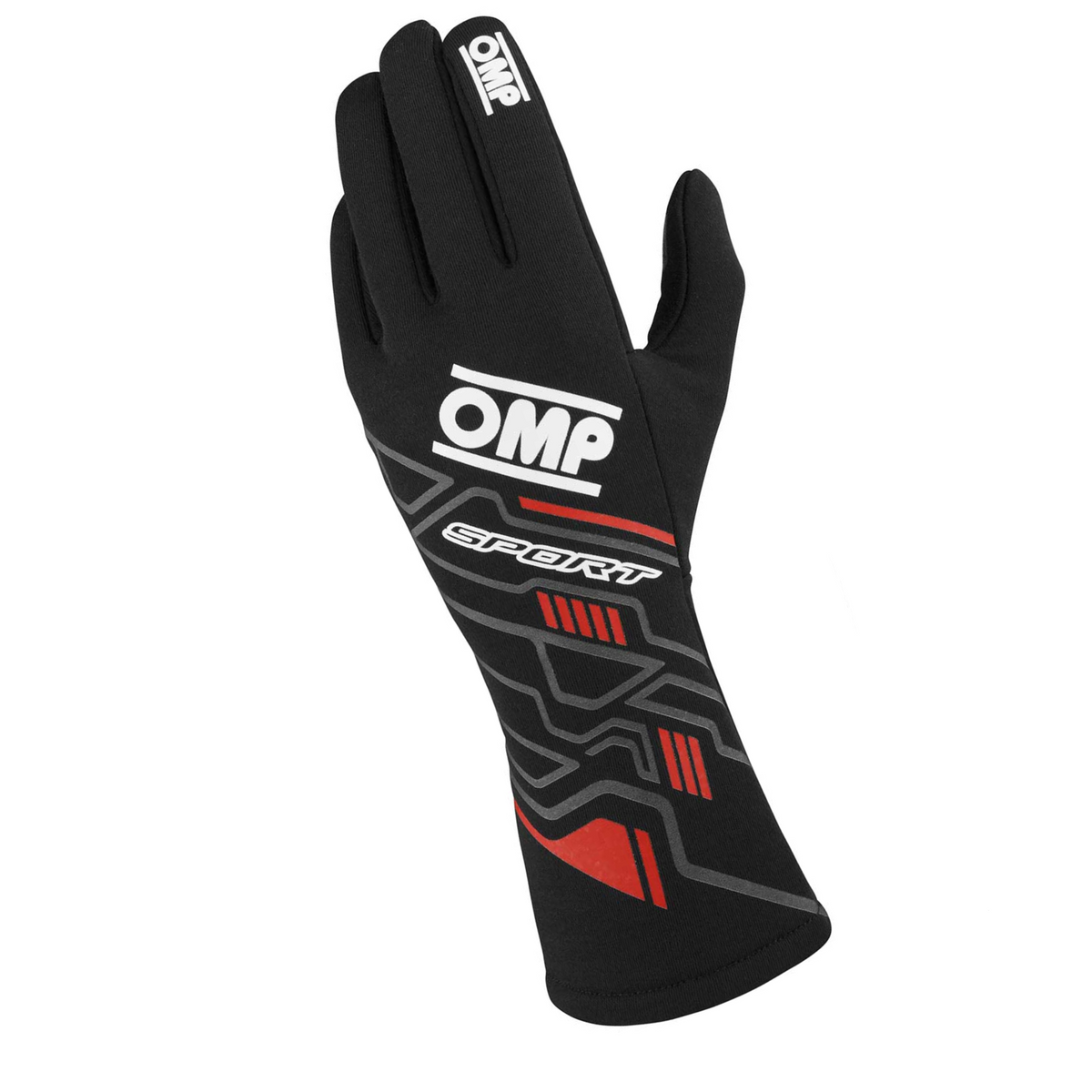 A single black and red OMP Sport Racing Glove.