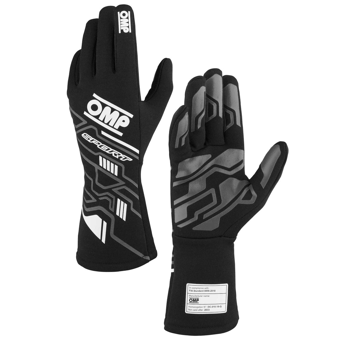 The black and white OMP Sport Racing Gloves.