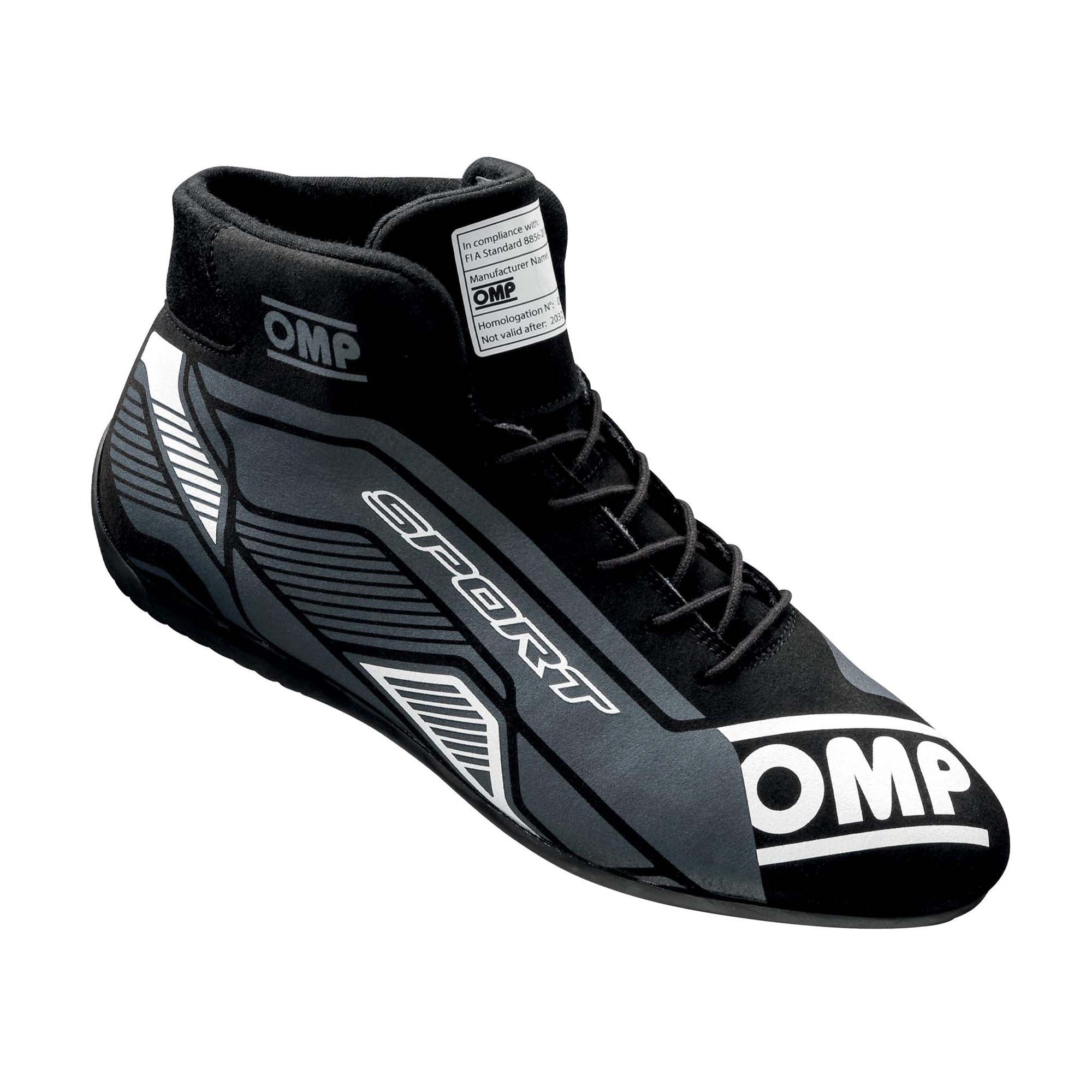 A single black and white OMP Sport Racing Shoe.