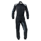 The black and silver OMP Tecnica Hybrid Racing Suit.