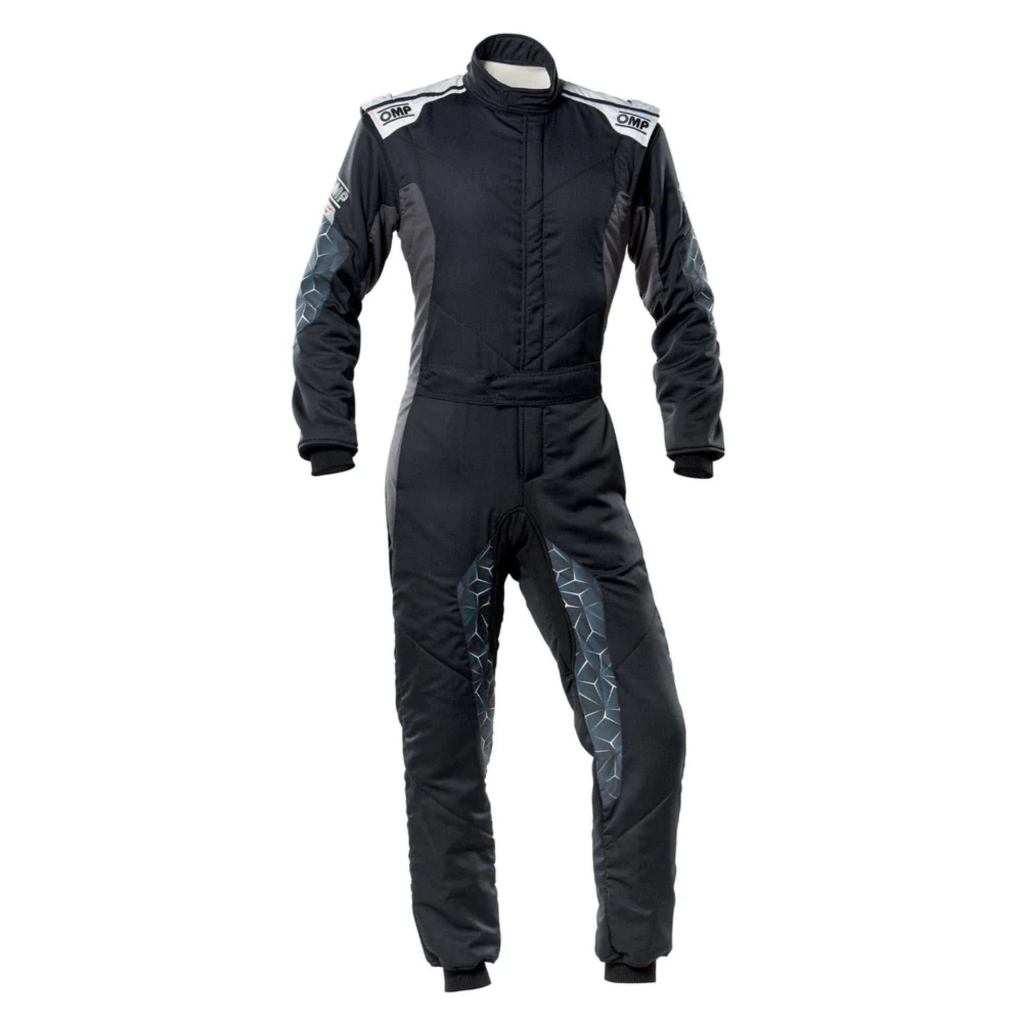 The black and silver OMP Tecnica Hybrid Racing Suit.