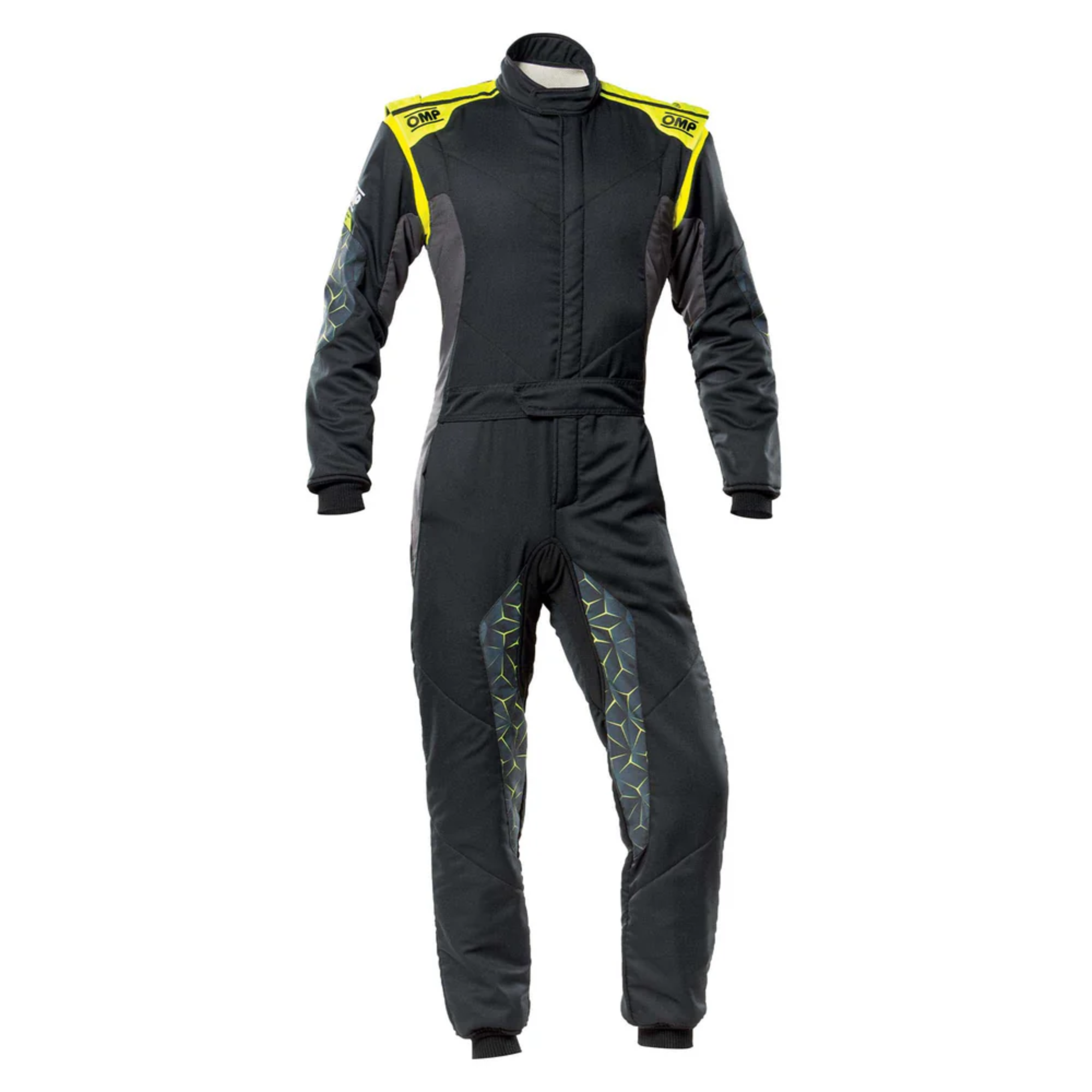 The black and yellow OMP Tecnica Hybrid Racing Suit.