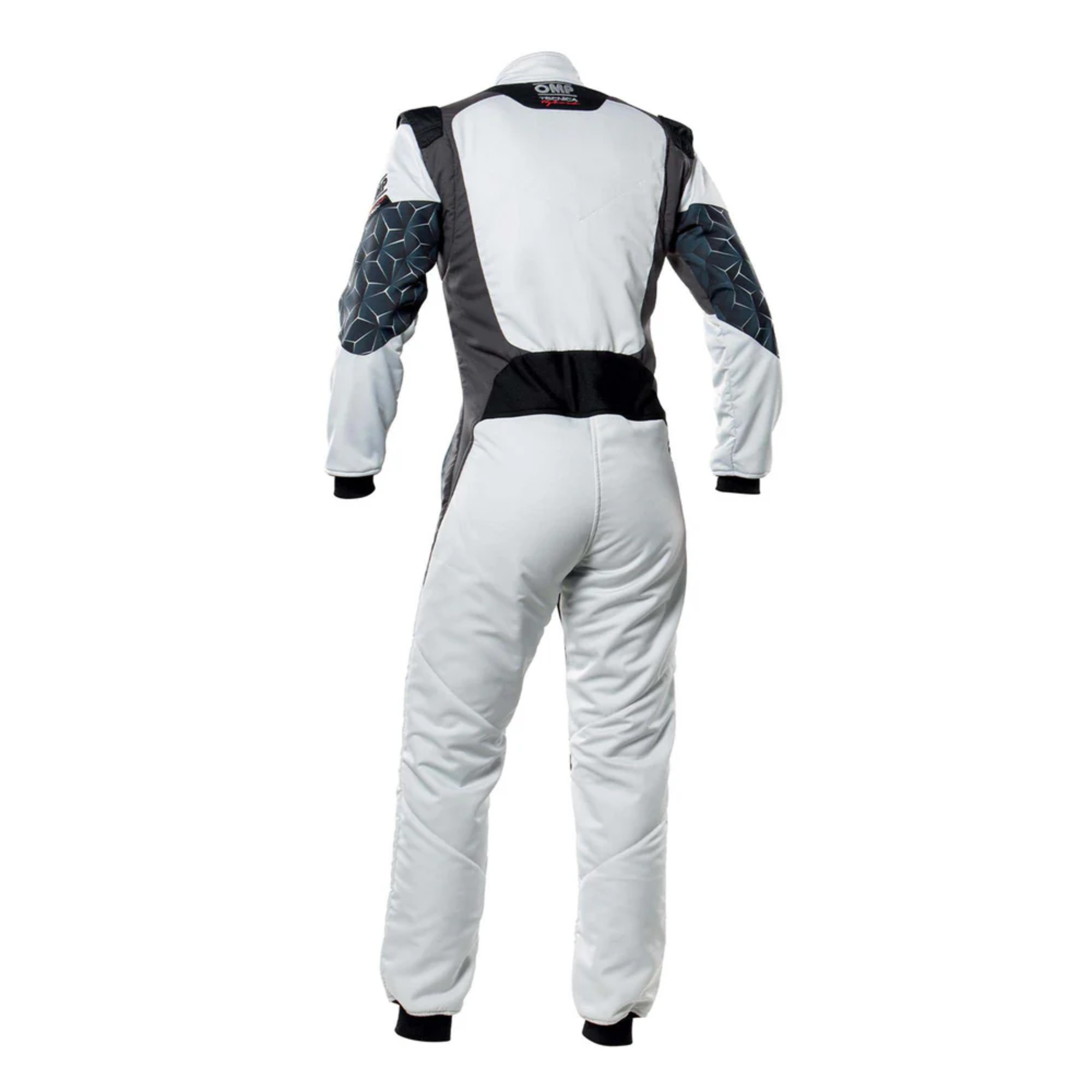 The back of the silver and black OMP Tecnica Hybrid Racing Suit.