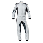 The front of the silver and black OMP Tecnica Hybrid Racing Suit.