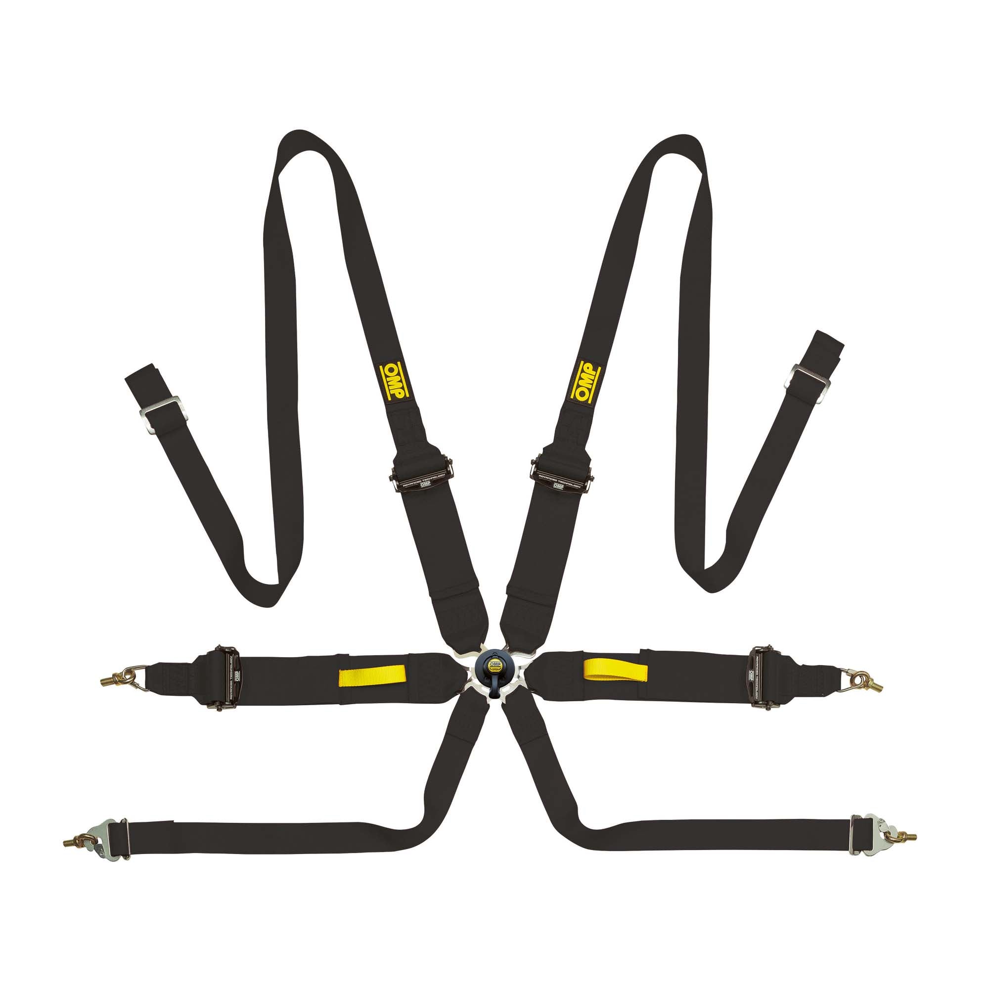 The black OMP Tecnica 3+2 Racing Harness.