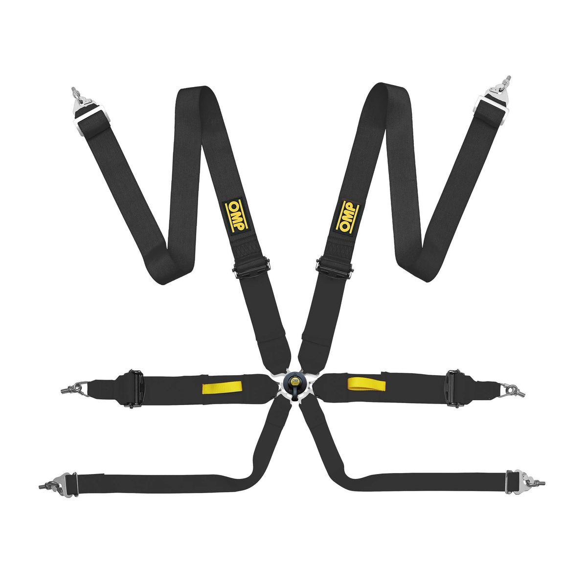 The black FIA 8853-2016 homologated OMP Tecnica 3 Racing Harness, a black 4-point racing harness with silver metal buckles and straps, featuring yellow OMP branding on the shoulder straps and a central black-and-yellow buckle assembly.