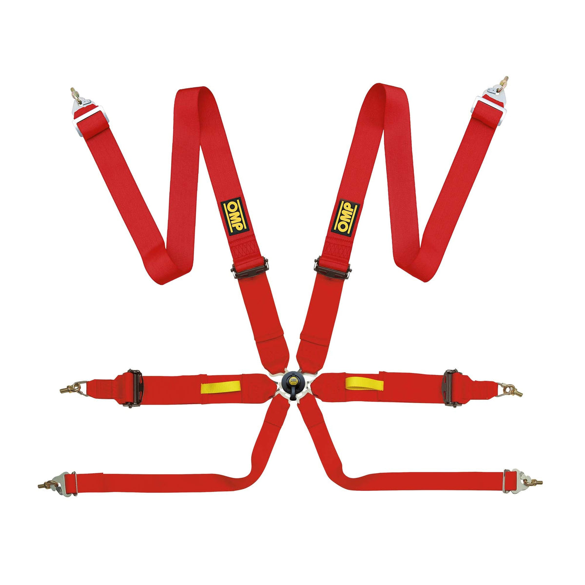 The red FIA 8853-2016 homologated OMP Tecnica 3 Racing Harness, a red four-point racing harness with silver metal snap hooks and black adjustment buckles, featuring yellow and black OCP brand patches on the straps.