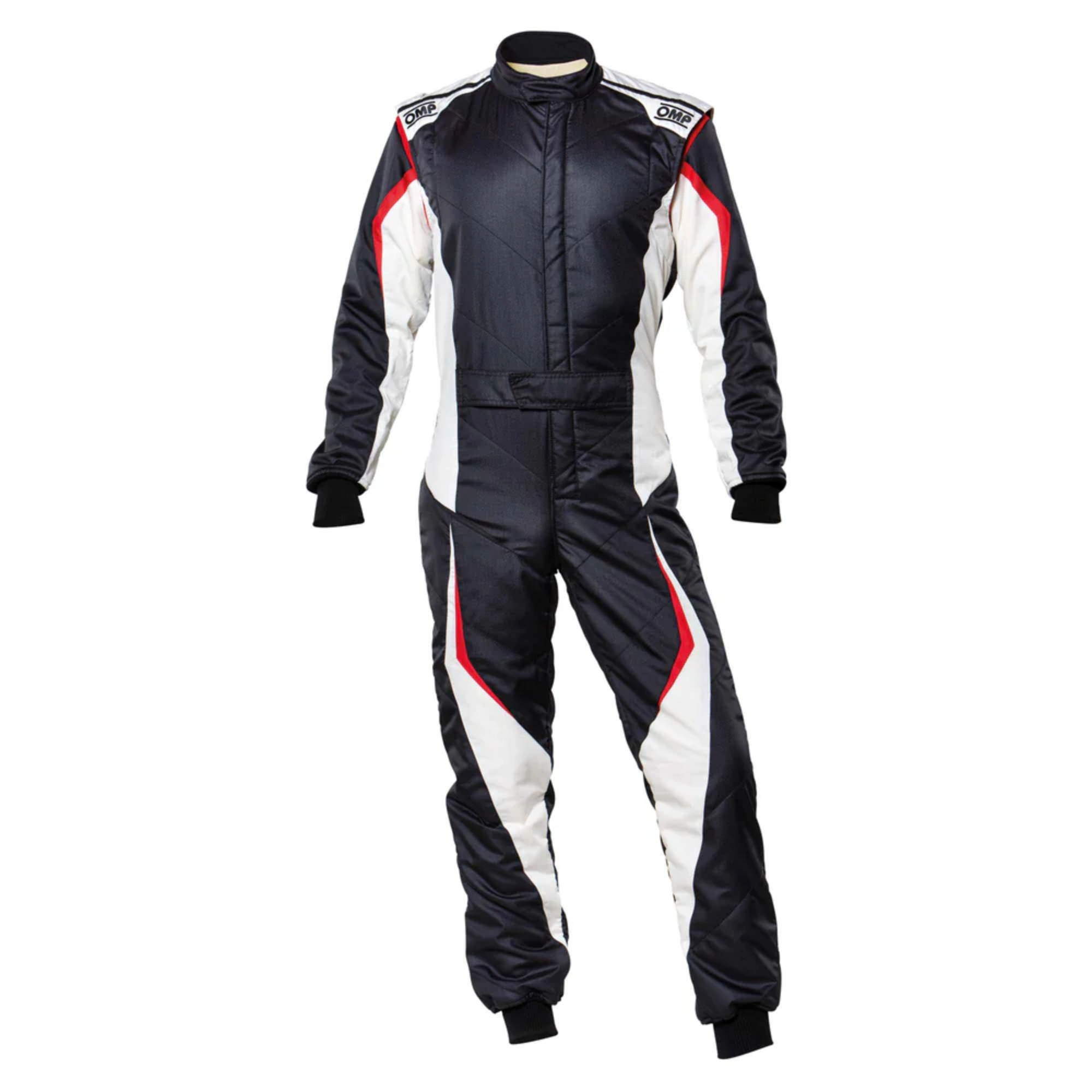 The black and white OMP Tecnica Evo Racing Suit.