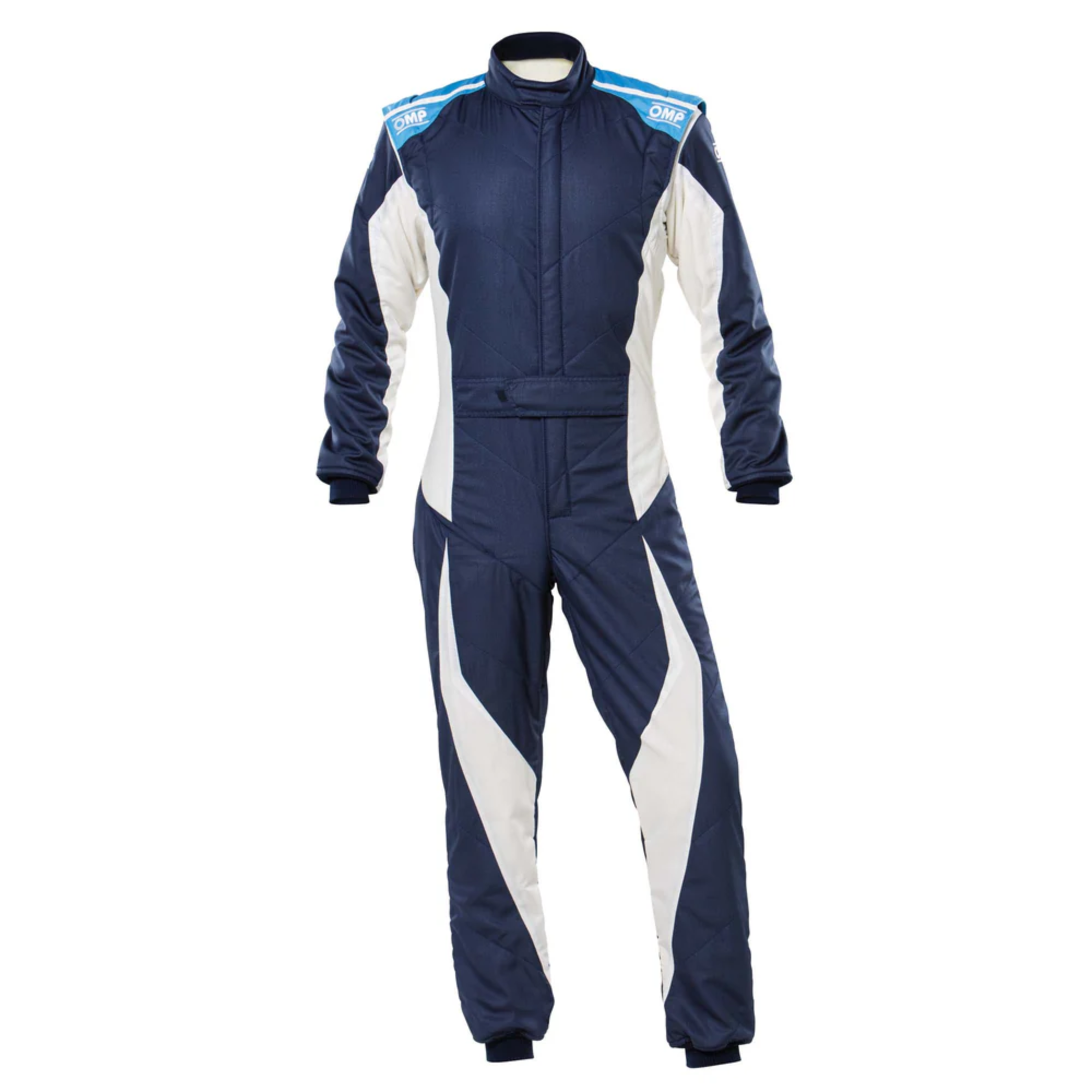 The navy and cyan OMP Tecnica Evo Racing Suit.