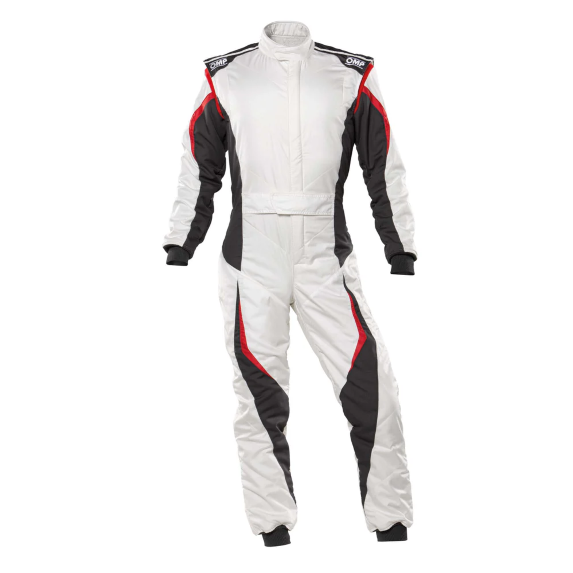 The white and anthracite OMP Tecnica Evo Racing Suit.