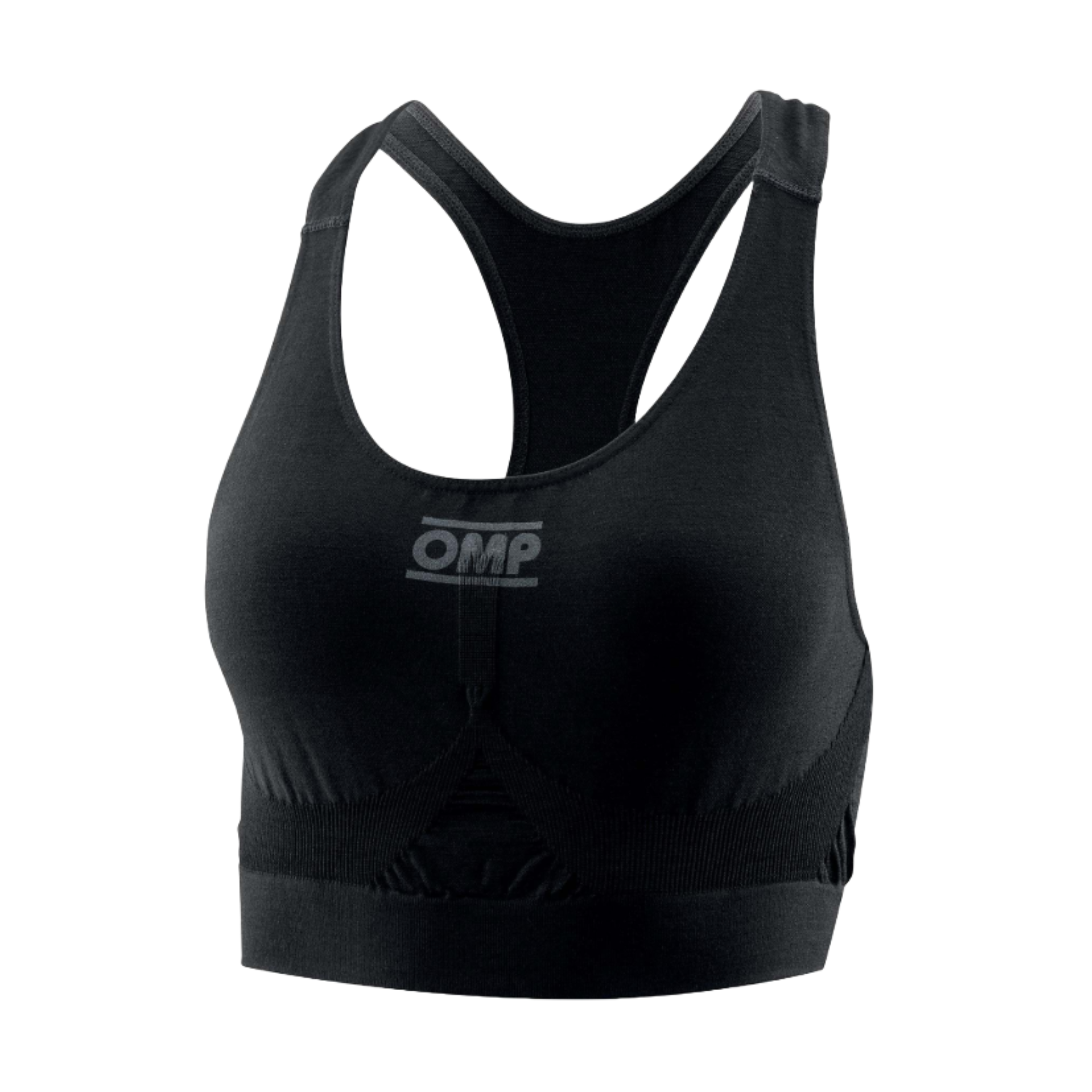 The FIA 8856-2018 safety certified fire resistant black OMP Tecnica Evo Sports Bra.