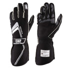 The black and white 2024 model OMP Tecnica Racing Gloves.
