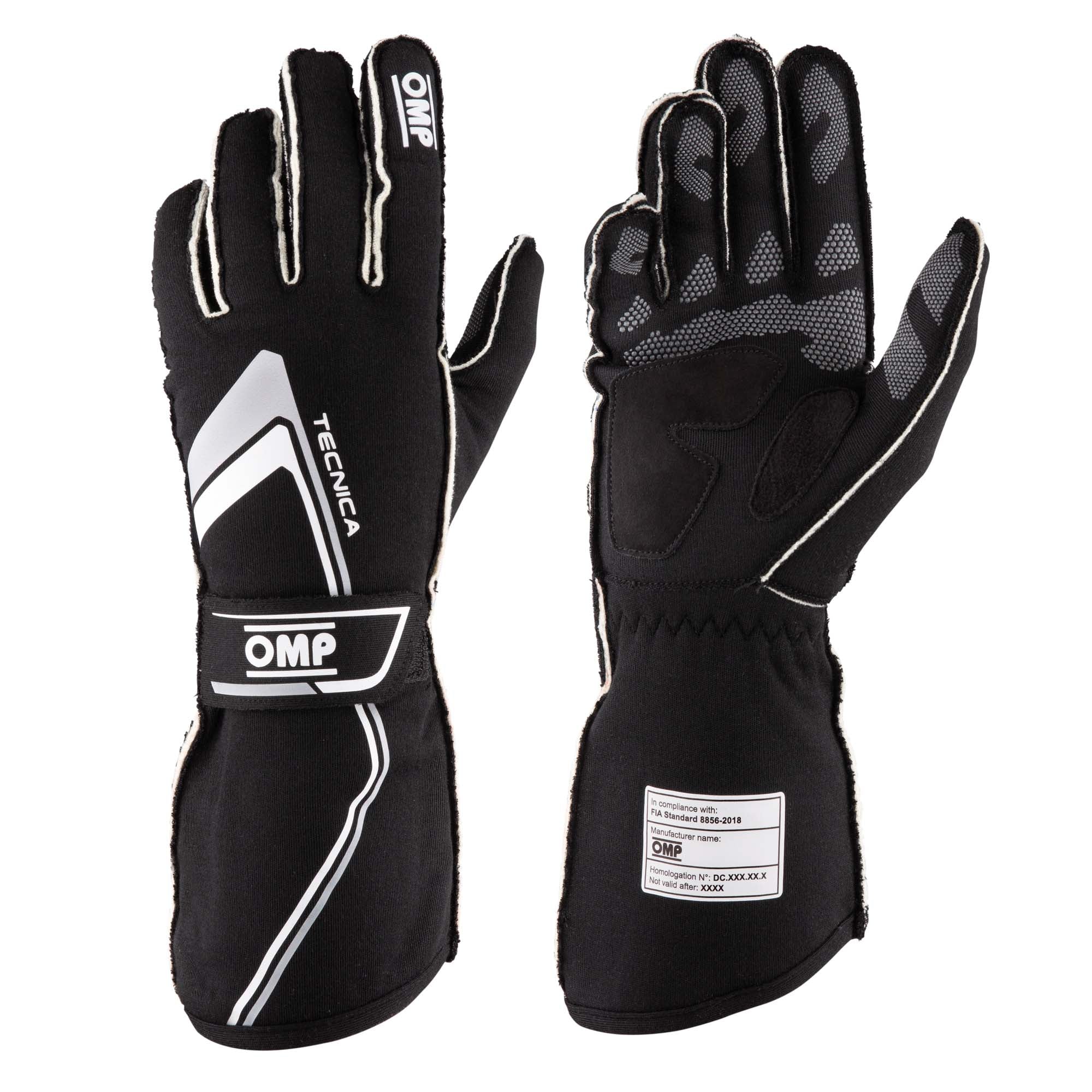 The black and white 2024 model OMP Tecnica Racing Gloves.