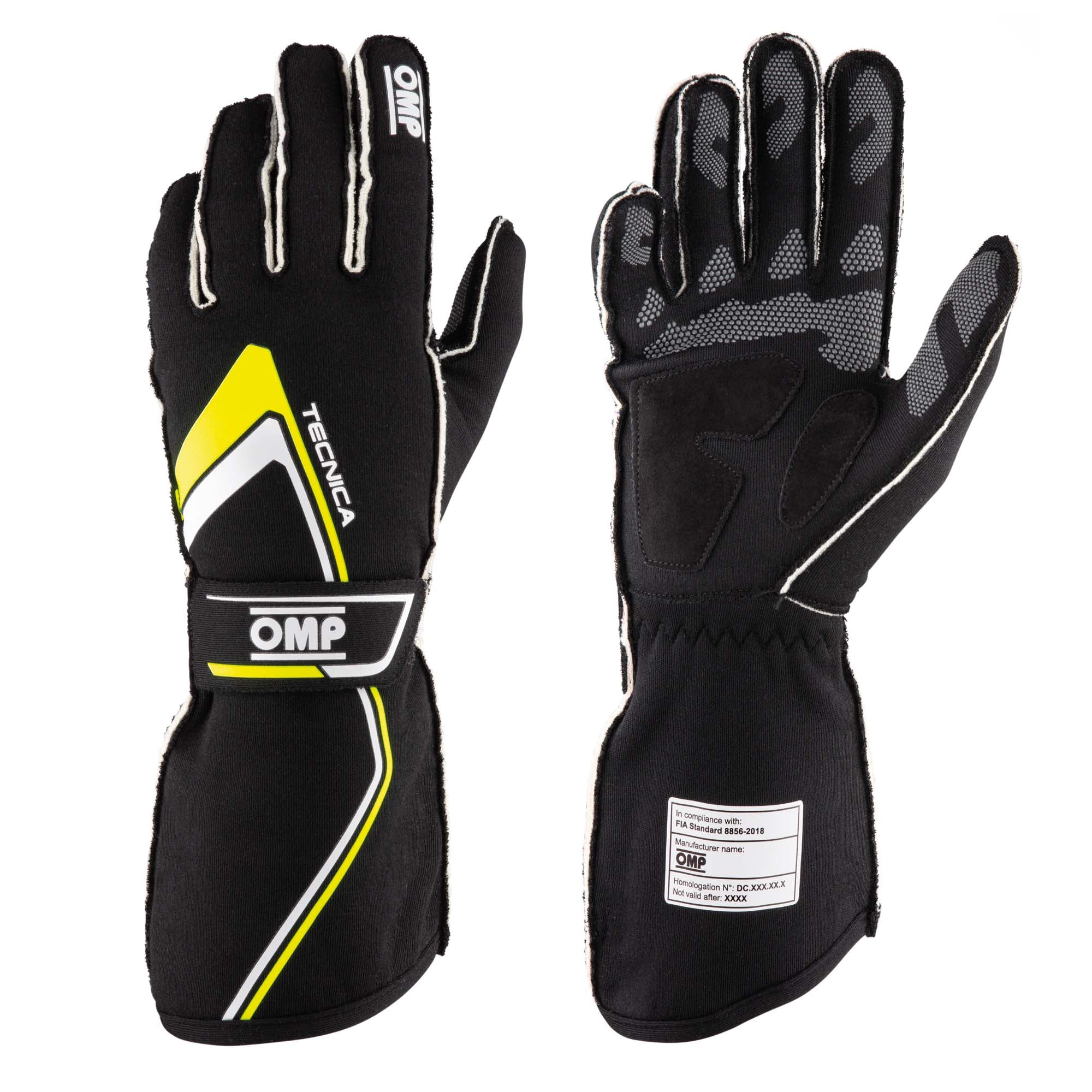 The black and yellow 2024 model OMP Tecnica Racing Gloves.