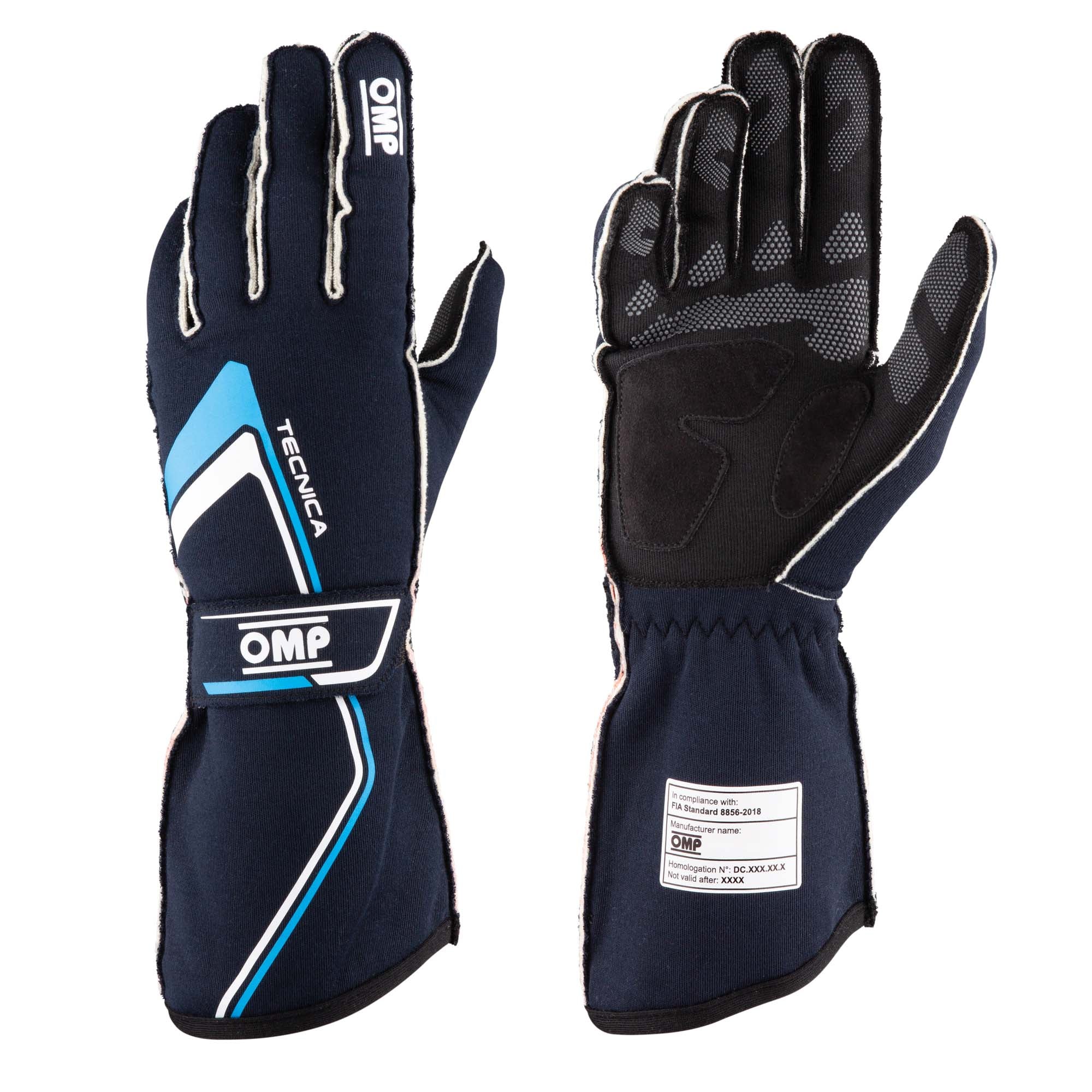 The navy and cyan 2024 model OMP Tecnica Racing Gloves.