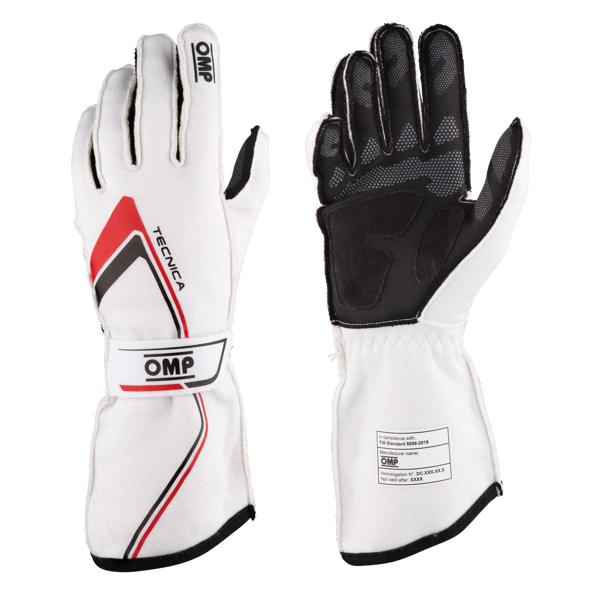 The white 2024 model OMP Tecnica Racing Gloves.